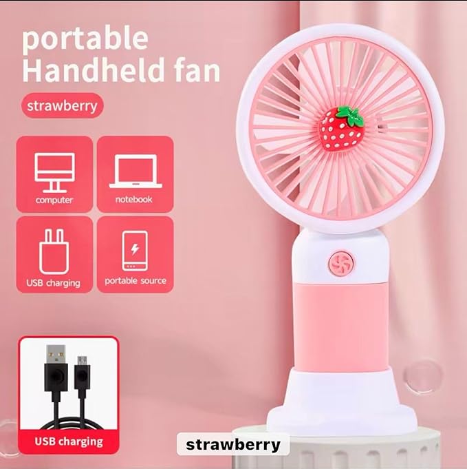 Mini Handheld Fan USB Rechargeable Portable Strawberry Fan with Stand