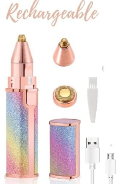 2 in 1 Hair Removal Rechargeable Machine For Ladies Face Shaver & Eyebrow Trimmer USB Painless Rechargeable Electric Removal, Glitter Stylish Trimmers Built-in LED for Lips Chin Nose (Glitter Design)