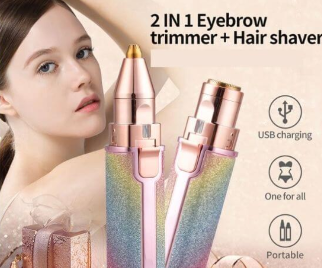 2 in 1 Hair Removal Rechargeable Machine For Ladies Face Shaver & Eyebrow Trimmer USB Painless Rechargeable Electric Removal, Glitter Stylish Trimmers Built-in LED for Lips Chin Nose (Glitter Design)